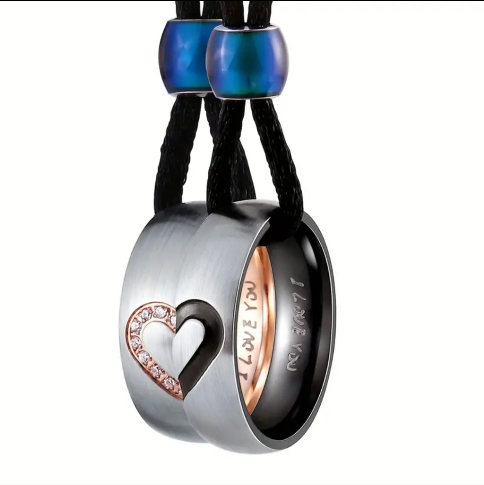 2pc Stainless Steel His & Hers Couple Ring Heart Pendant Promise Necklace Gift